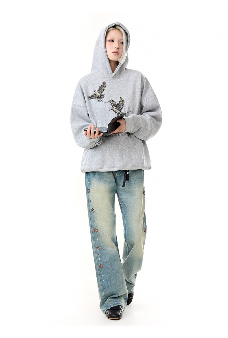Cotton Blend Loose Fit Bird Graphic Hoodie