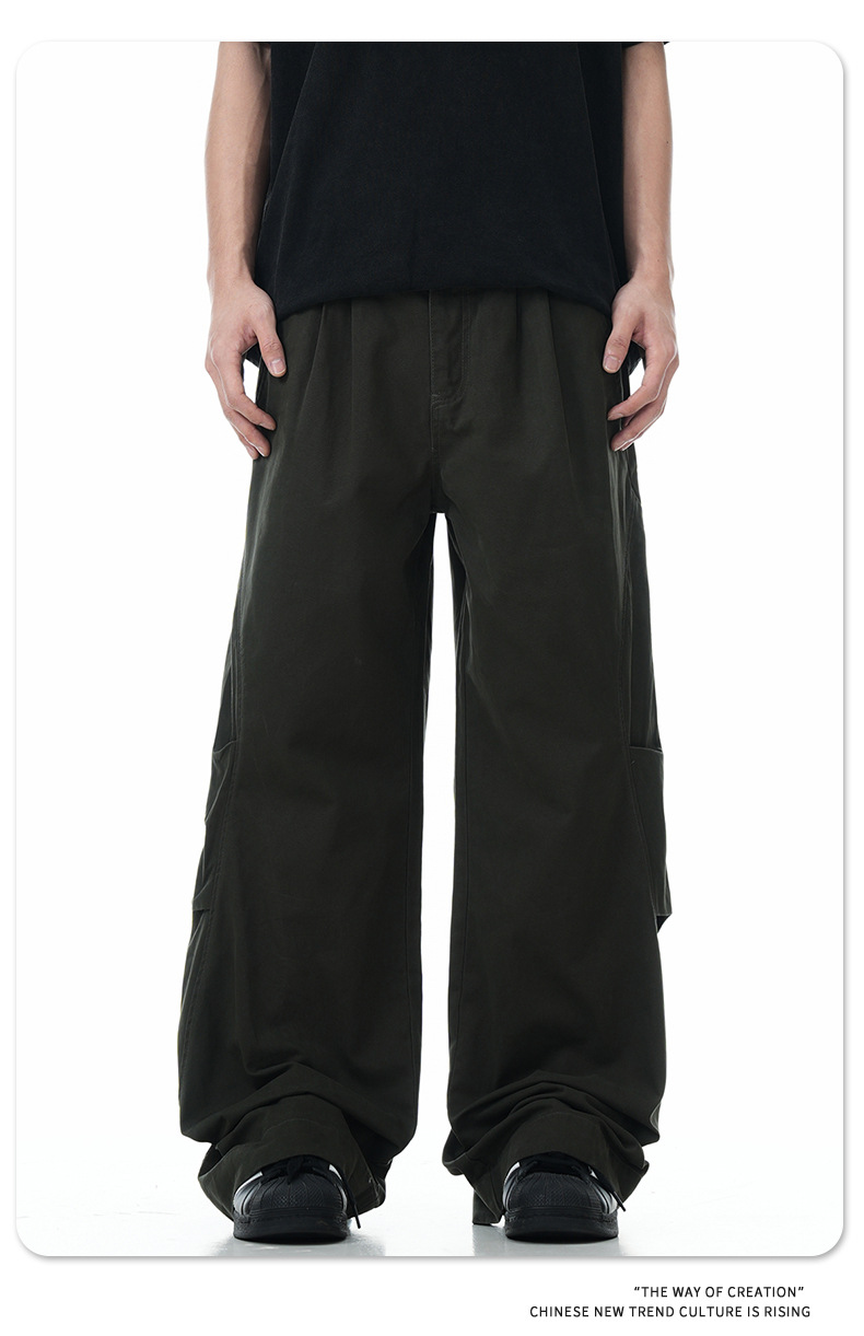 Work Pants Men Simple Cuff Zipper Design Loose Wide Leg Slim Fit Versatile Long Trousers Trendy