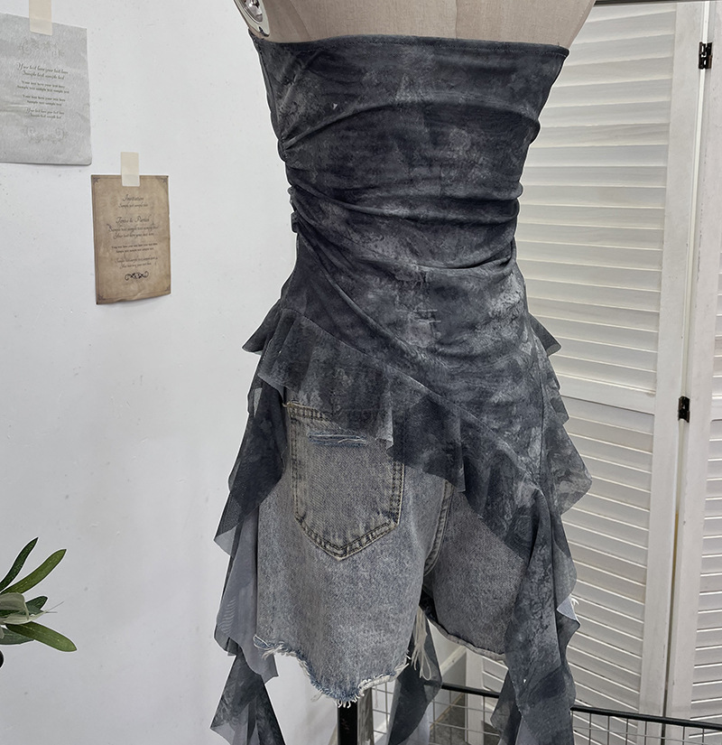 Sultry Asymmetric Plaid Mesh Strapless Top