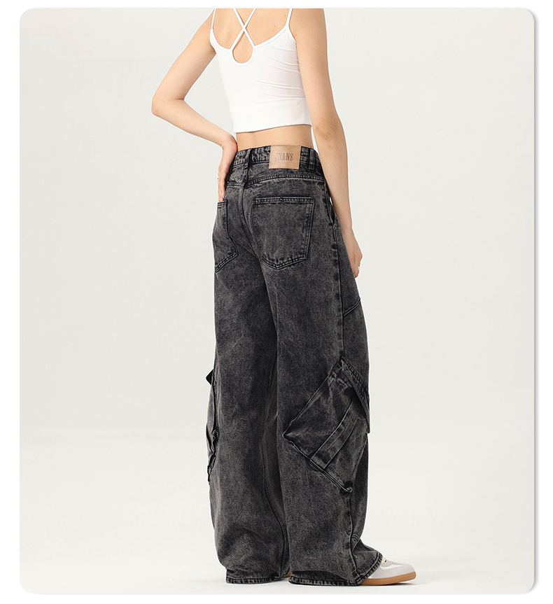 Women's Black and Gray Washed Denim Pants Summer Irregular Wide-Leg Trousers