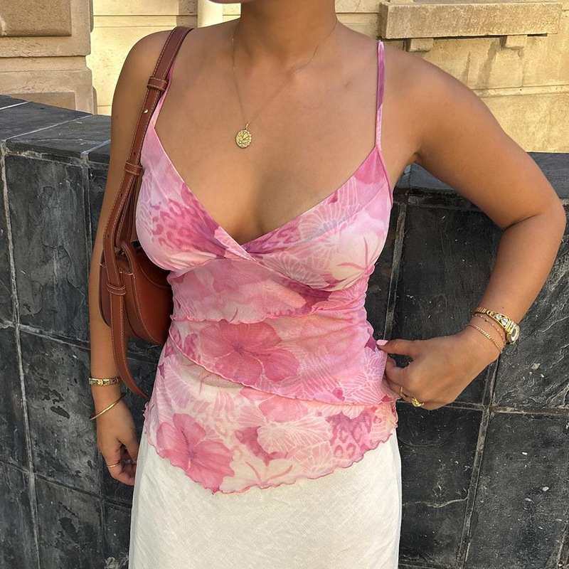 Patterned Chiffon Tank Scalloped Trim Belted Overlay