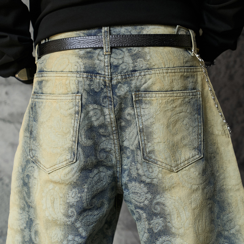 Street Washed Spray Monkey Jacquard Gradient Knife-Edge Denim Pants Men Women High-Quality Fashion Brand Wide-Leg Pants