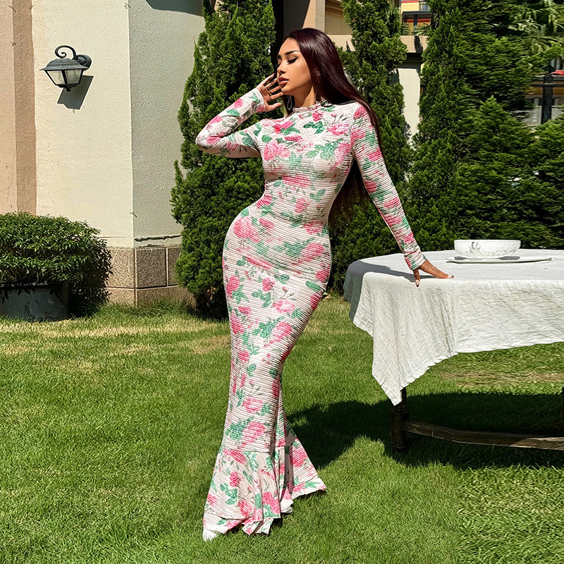 Fitted Maxi Patterned Mock Neck Full-Sleeve Dress