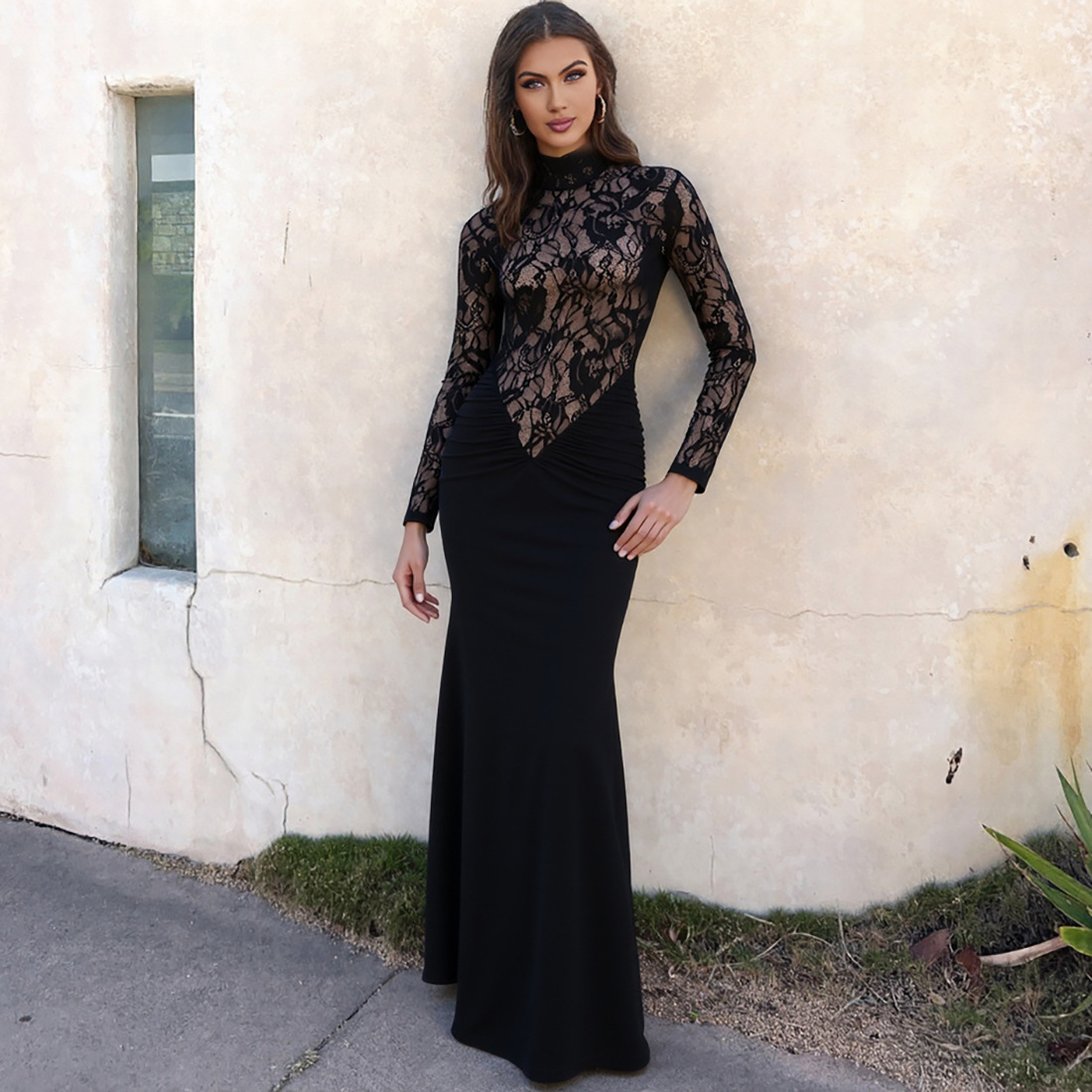 Sheer Cutout Full Sleeve Bodycon Mock Collar Dress