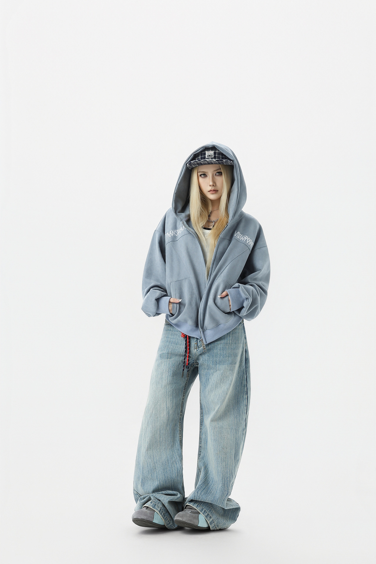 Retro Color-Block Letter Print Hooded Zip-Up Sweater