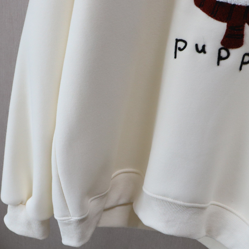 Casual Cartoon Embroidered Fleece Lined Thick Hoodie for Women Round Neck
