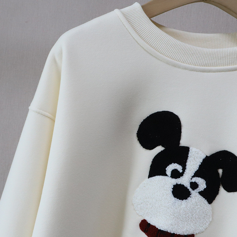 Casual Cartoon Embroidered Fleece Lined Thick Hoodie for Women Round Neck