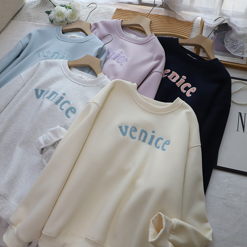 Letter Towel Embroidery Fleece Lined Thick Loose Casual Hoodie for Women