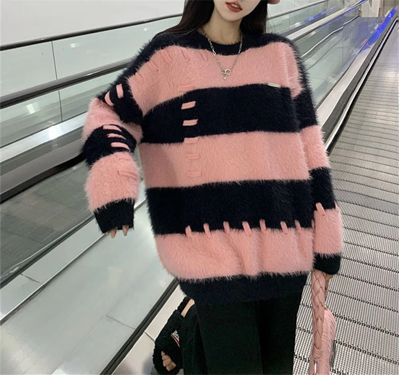 Ladies Fall Two-Tone Oversized Stretch Acrylic Sweater