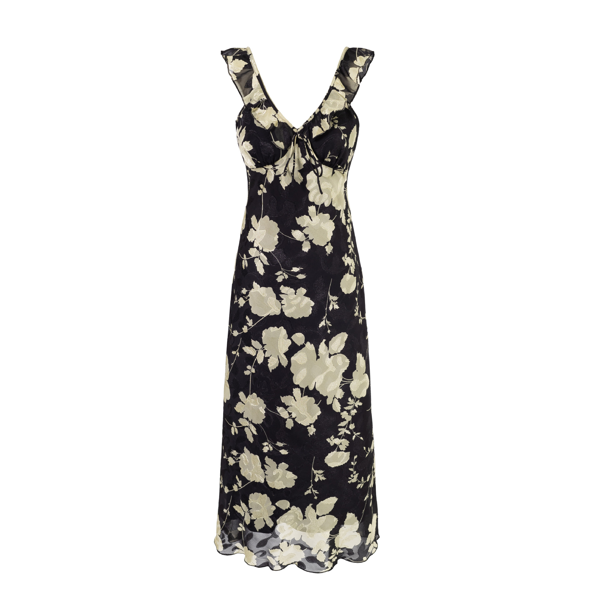 French Style V-Neck Ruffle Tie Floral Strapless Waist-Cinching Long Dress