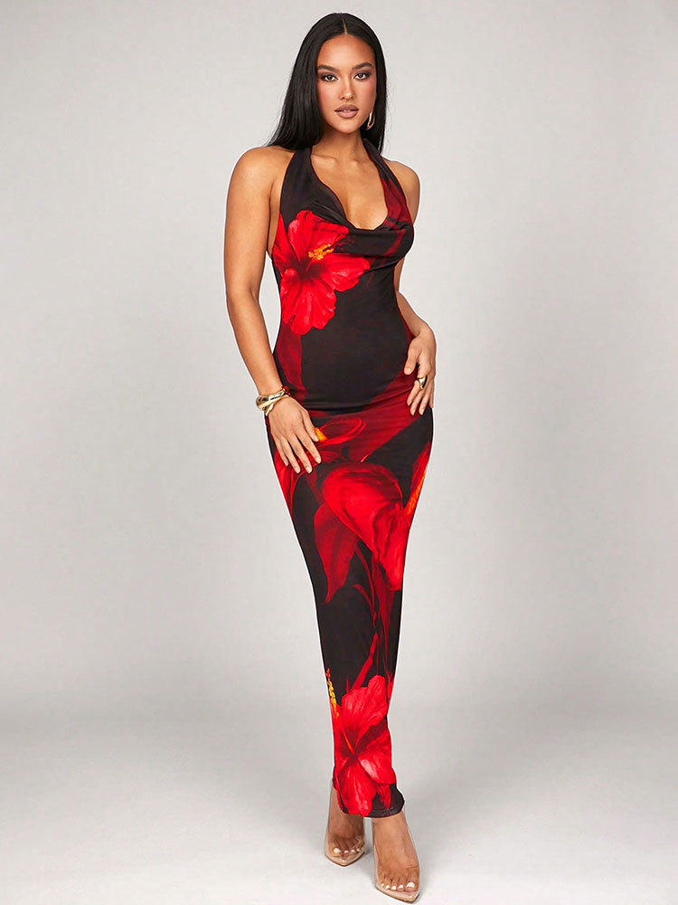 Polyester Round Collar Patterned Dress