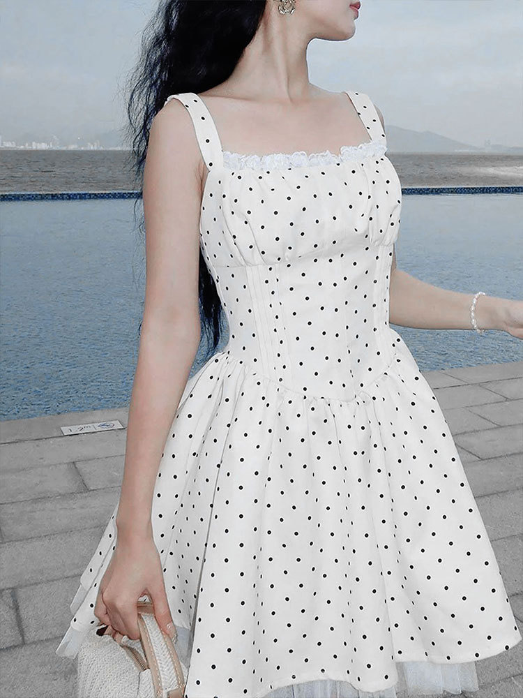 Polyester Sleeveless Spotted Midi Fitted Ball Dress