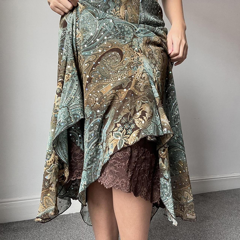 Retro Ink Green Gradient Lace Splicing Printed Skirt Irregular Knitted Midi Skirt Forest Style Girl