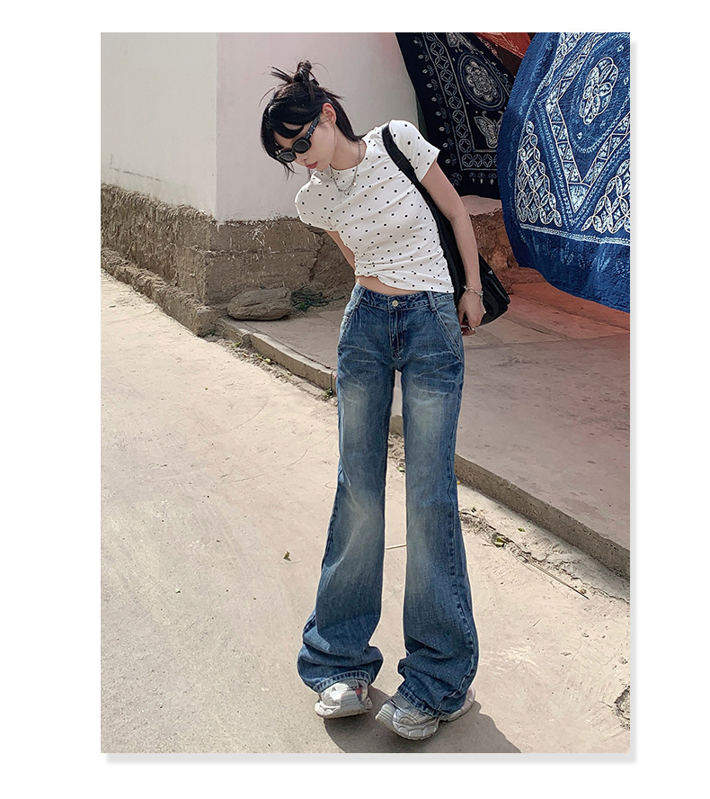 Women's Cracked Wide-Leg Jeans Summer Loose Drape Bell-Bottom Pants