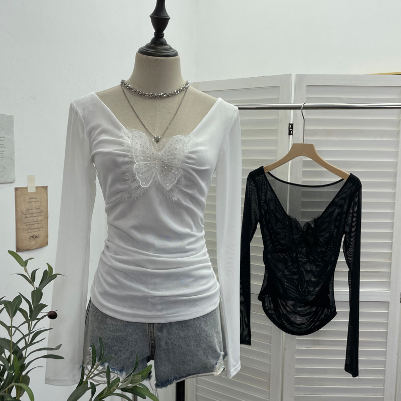 Plunging Neckline Long Sleeve Slim Fit Top