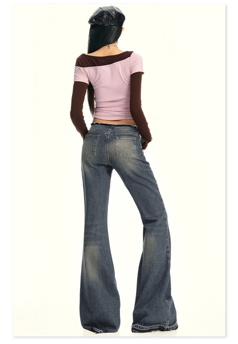 Women's Low Waist Flared Jeans Long Trumpet Pants Non-Skinny Trousers