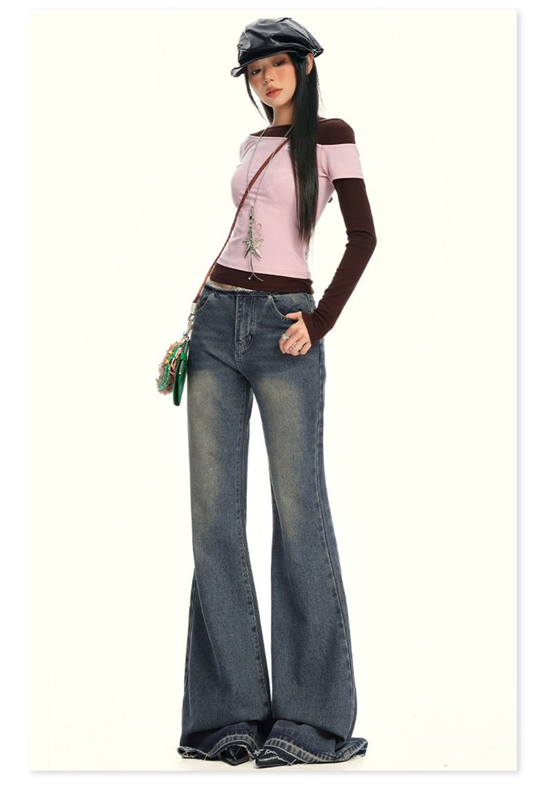 Women's Low Waist Flared Jeans Long Trumpet Pants Non-Skinny Trousers