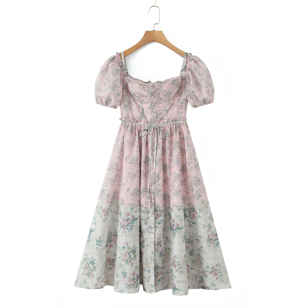 Square Neck Botanical Print Short Puff Resort Dress