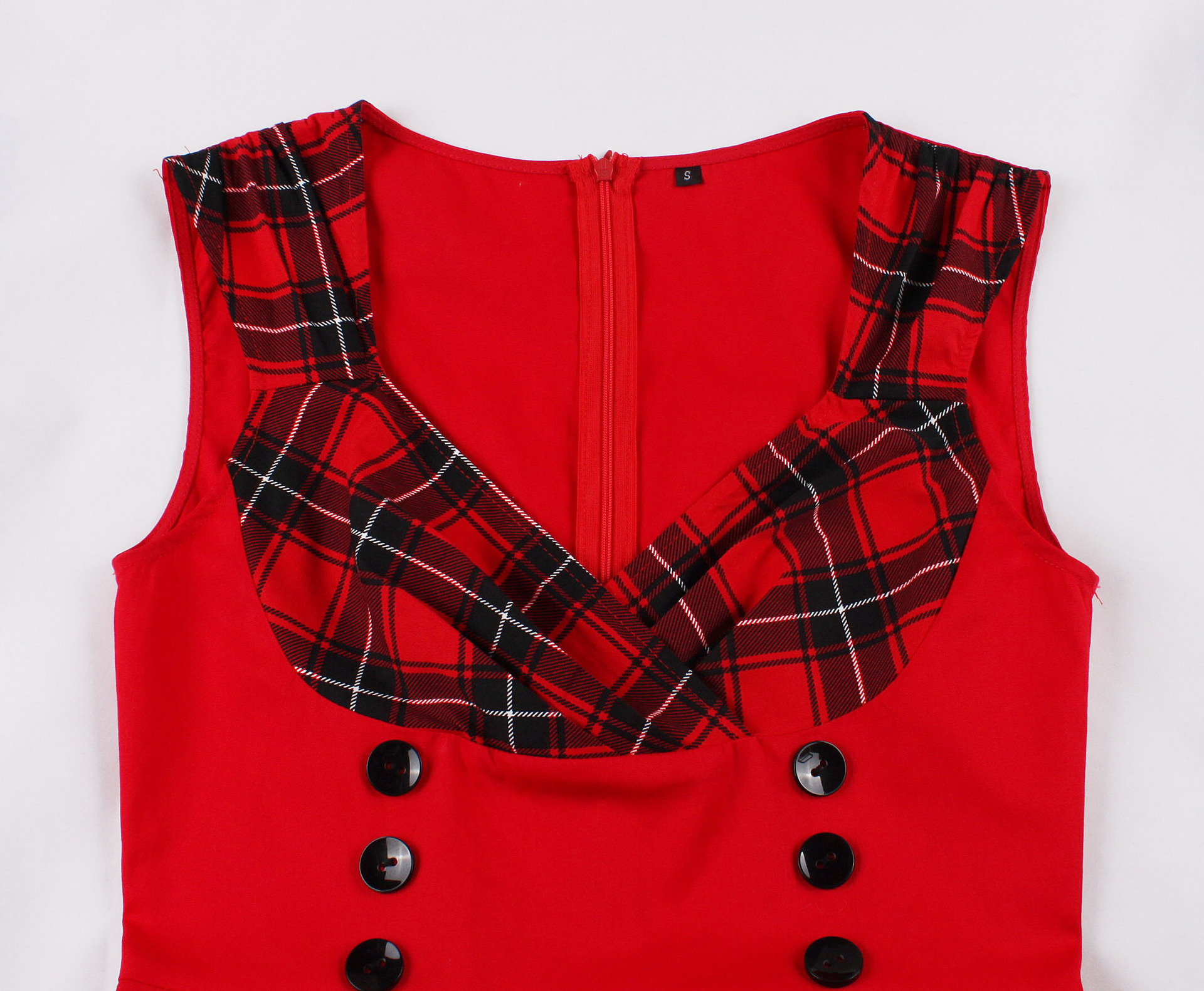 V-Shaped Neck Sleeve-Free Checkered A-Line High-Waist Midi Dress