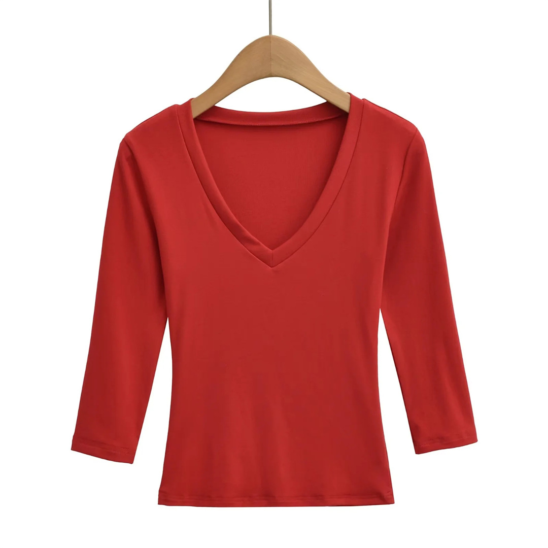 Ladies Streetwear Plain Stretch Elbow-Length Plunge Layering Tee