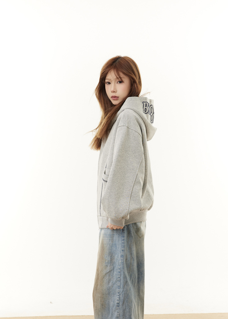 Street Relaxed Fit Zip-Up Letter Print Hoodie