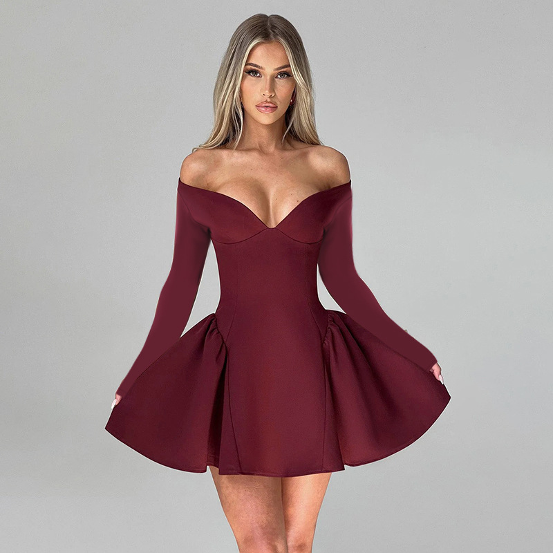 Curve-Defining Flared V-Neck Full Sleeve Dress