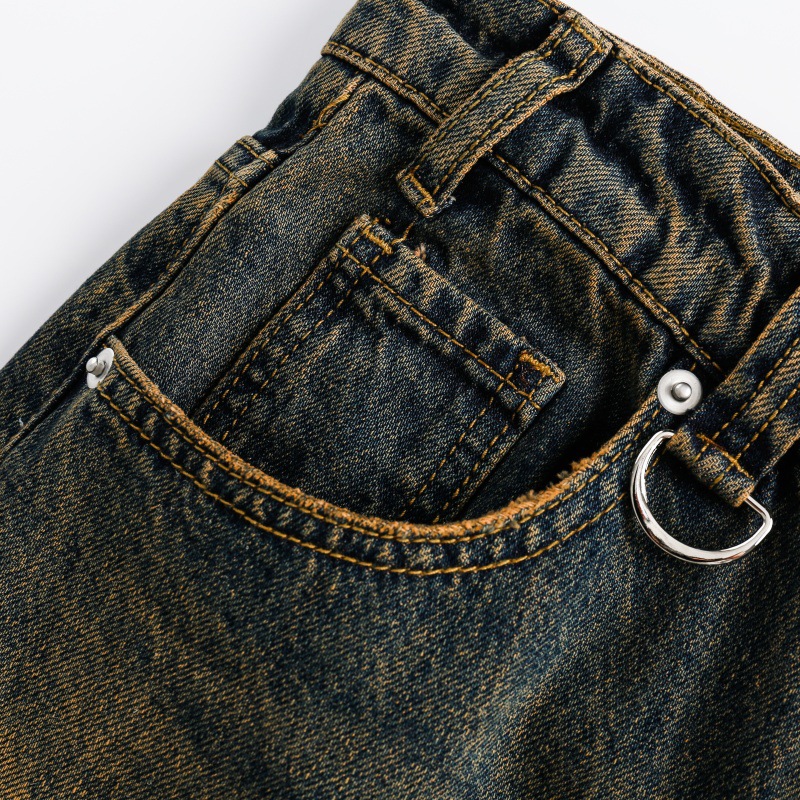 Washed Yellow Mud Color Distressed Loose Straight Leg Jeans