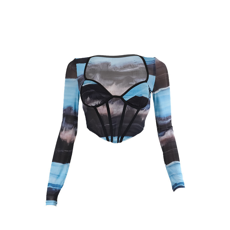 Long Sleeve Polyester Geometric Net Fitted Blouse