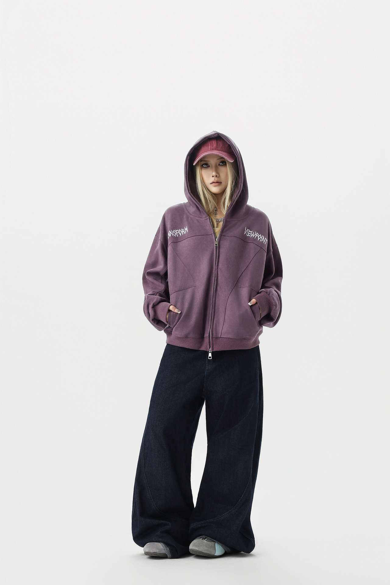 Retro Color-Block Letter Print Hooded Zip-Up Sweater