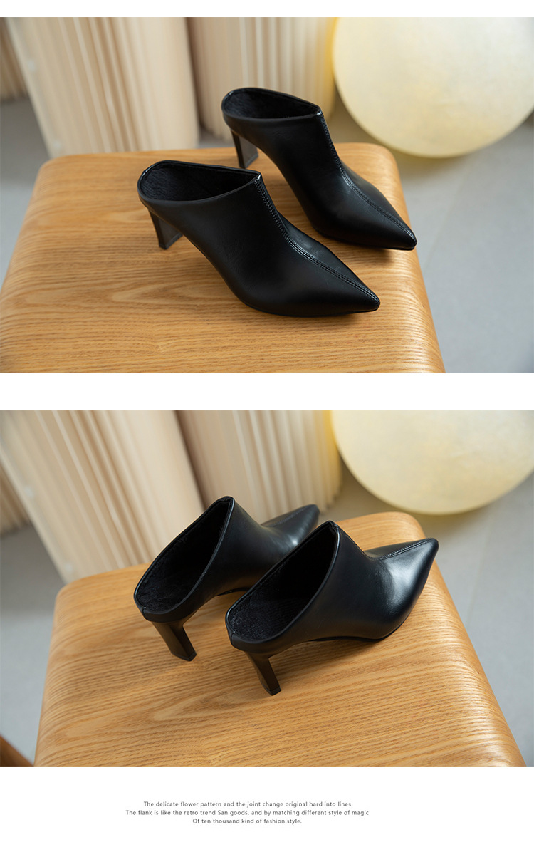 Retro stiletto pointed toe mules for women summer outer wear half slippers