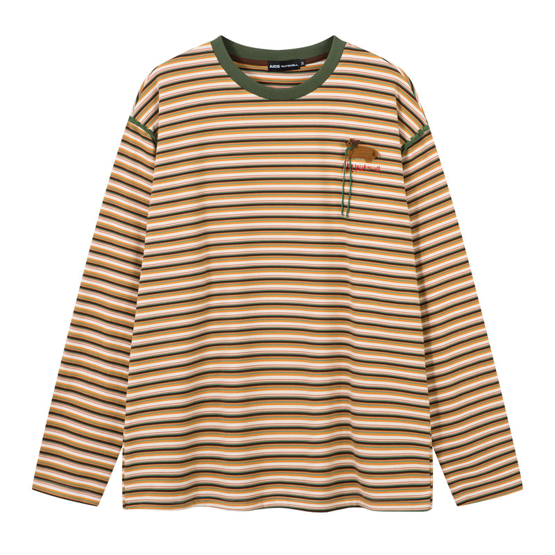 Retro Front Handmade Knitting Craft Round Neck Striped Long Sleeve T-Shirt Top College Style Couples Wear