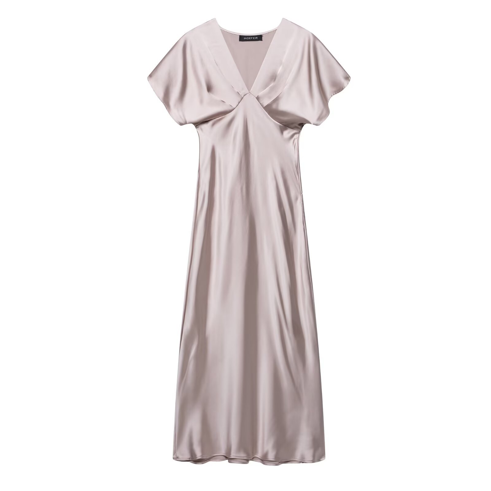 V-neck short sleeved waist cinched silk texture long dress for women