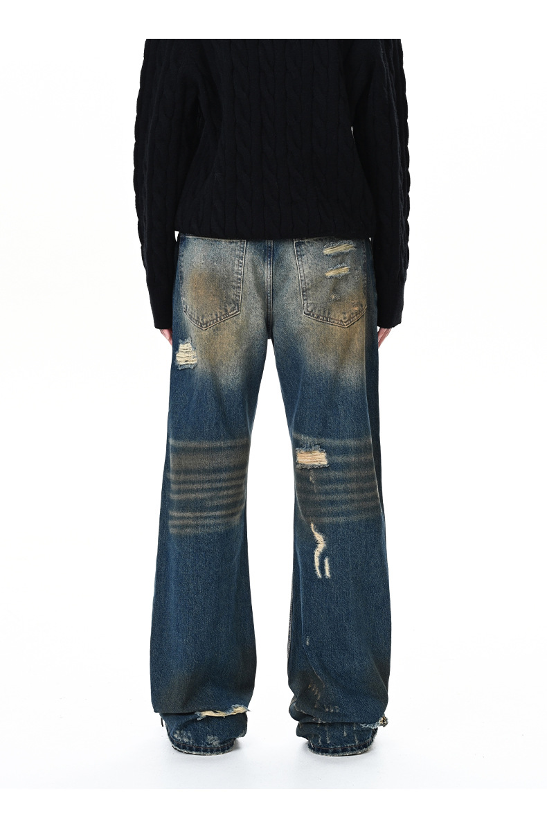 Washed Distressed Cat Whiskers Spray Monkey Dark Blue Denim Pants Unisex