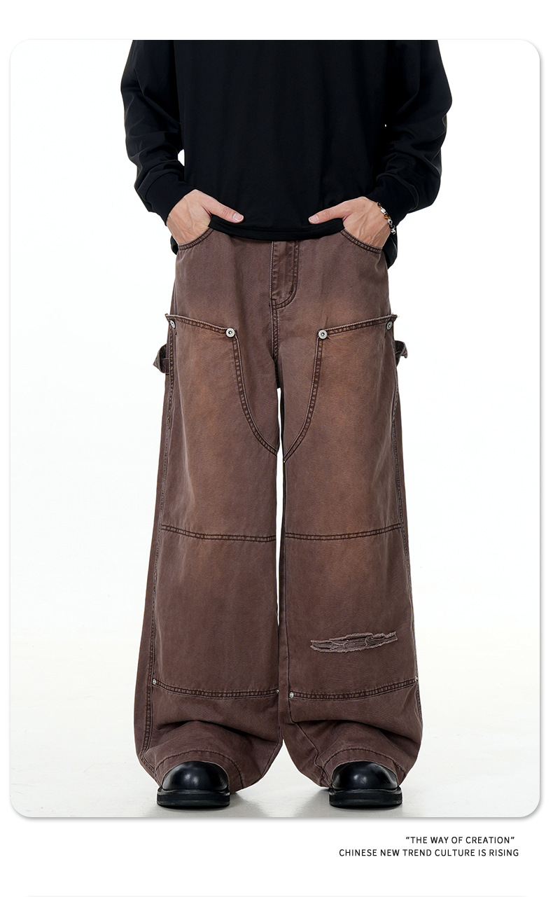 Carpenter Work Pants for Men and Women Vintage Washed Distressed Riveted Denim Loose Straight Leg Long Trousers