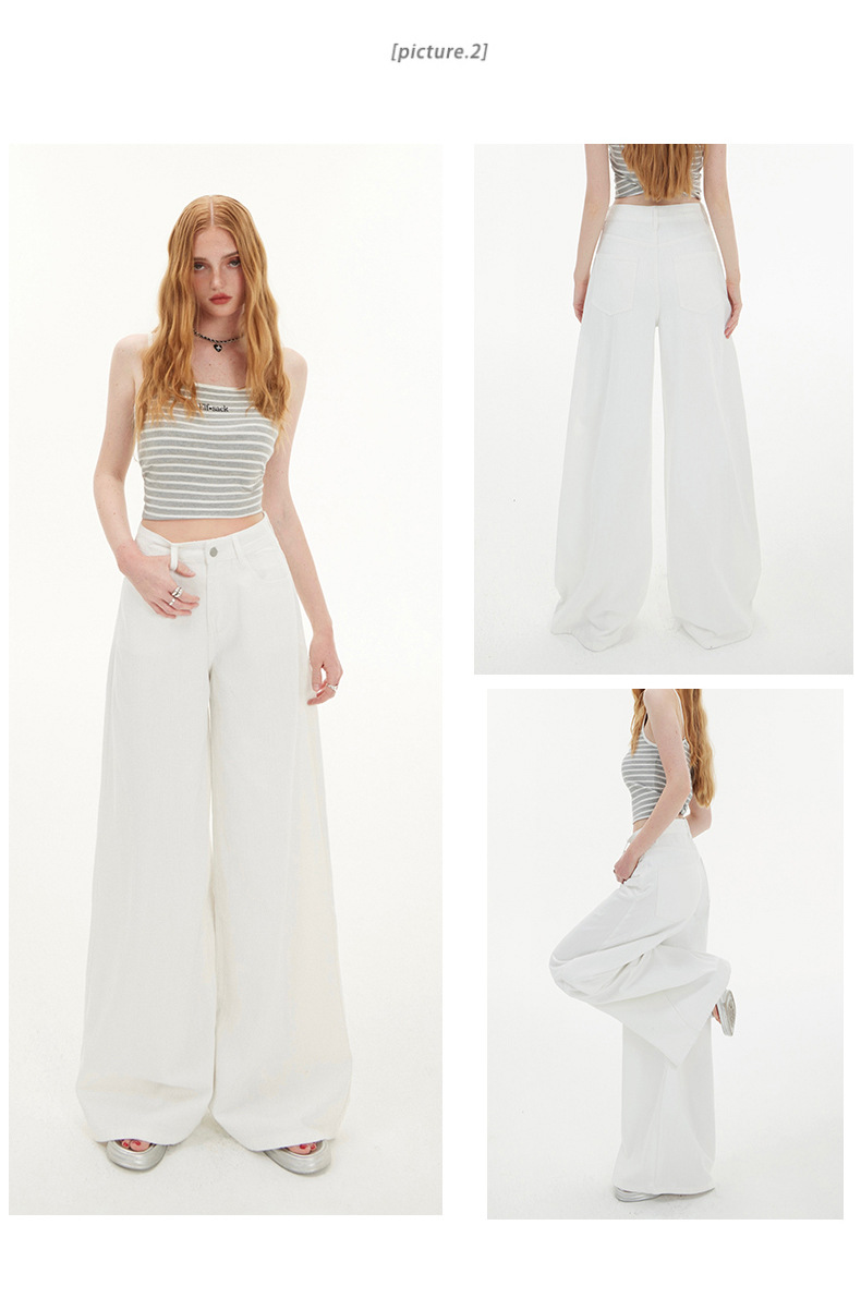 Women's Wide Leg Jeans Retro Loose White Straight Floor-Length Pants