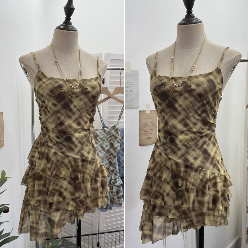 Irregular Rivet Mesh Camisole Dress with Ruffle Strap Sleeveless Top