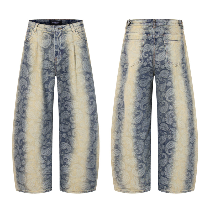 Street Washed Spray Monkey Jacquard Gradient Knife-Edge Denim Pants Men Women High-Quality Fashion Brand Wide-Leg Pants