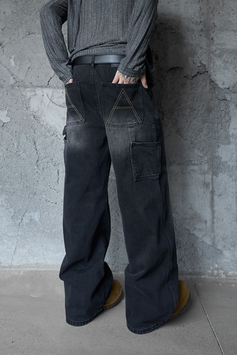 Loose Washed Multi-Pocket Straight Leg Wide Leg Jeans Unisex Loose Versatile Drapey Long Pants