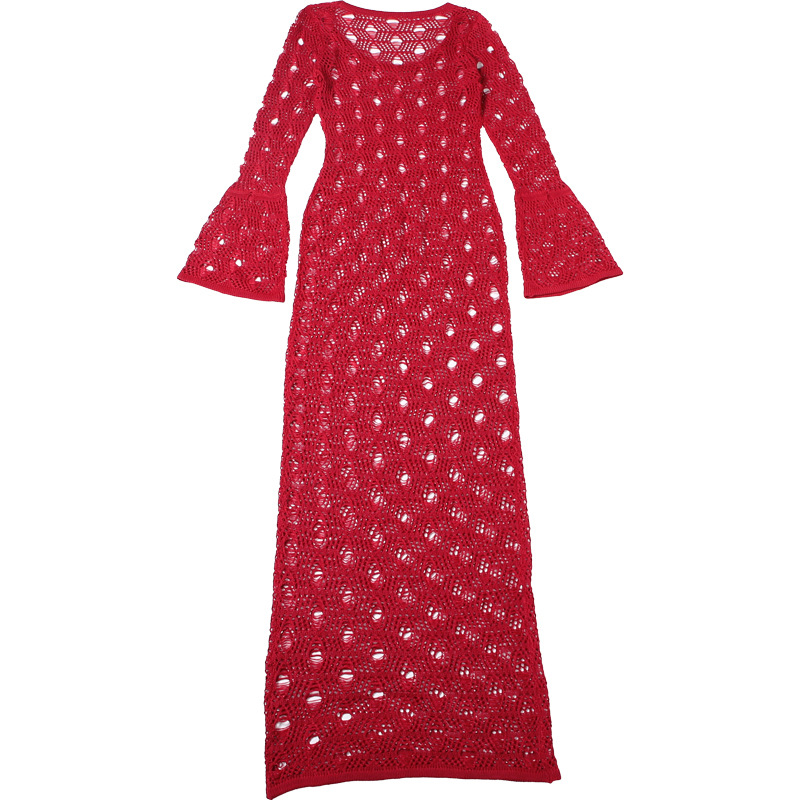 U-Neck Long-Sleeve Polyester High-Waist Sheer Bodycon Dress