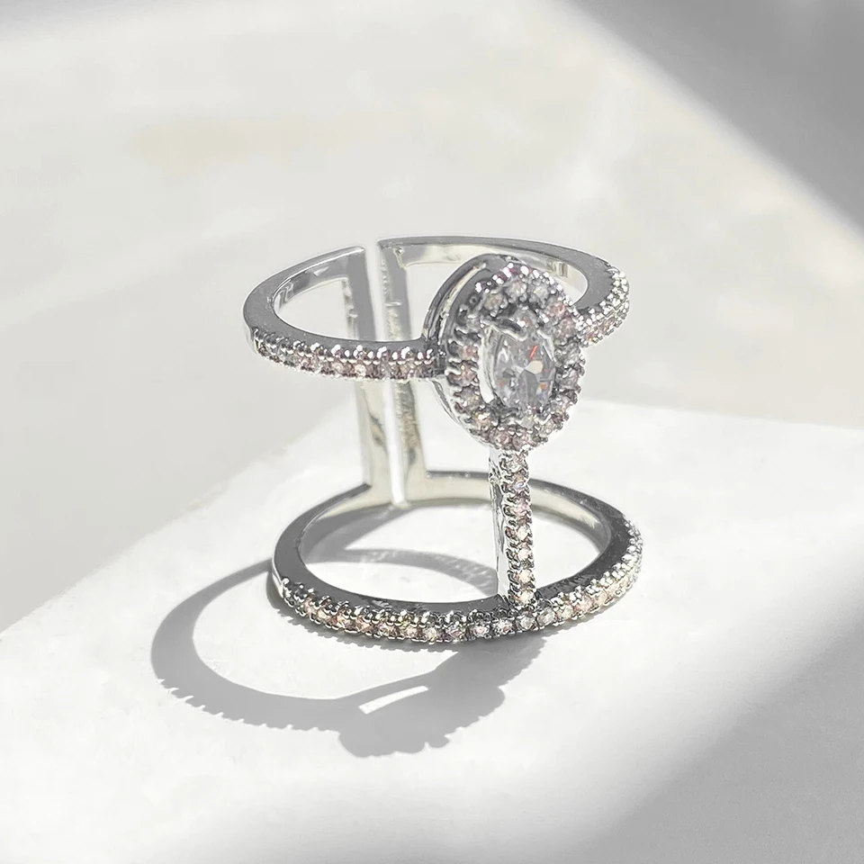 Women Rings Adjustable Size Fashion Double Hoop Cubic Zirconia Open Rings Girls Party Jewelry