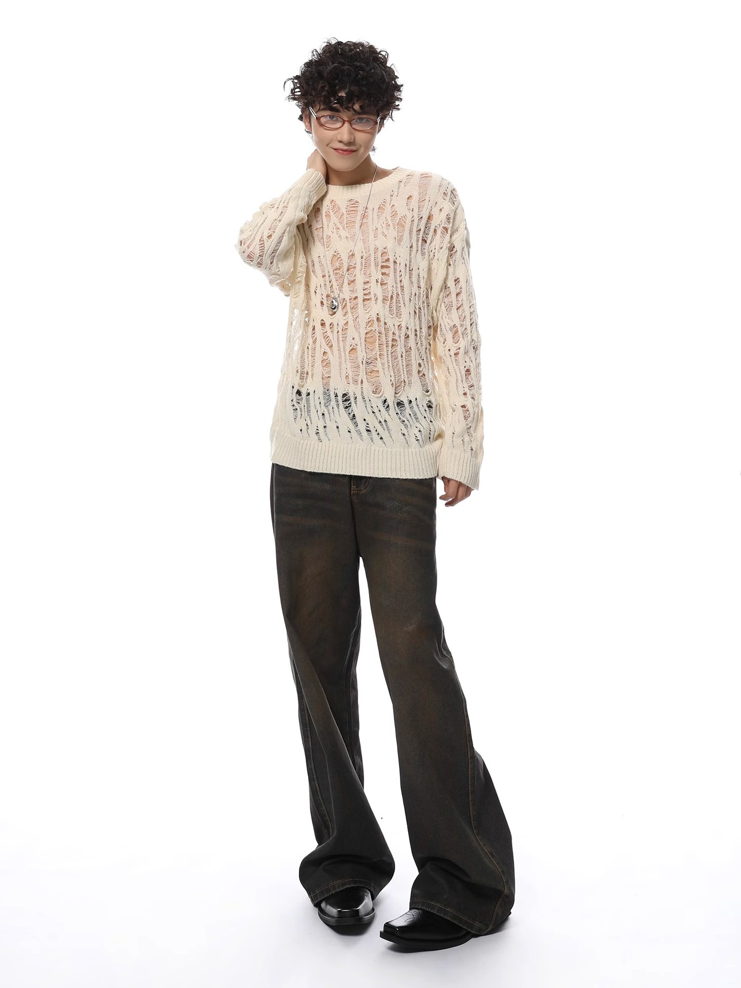 Polyester Open Mesh Crew Neck Sweater