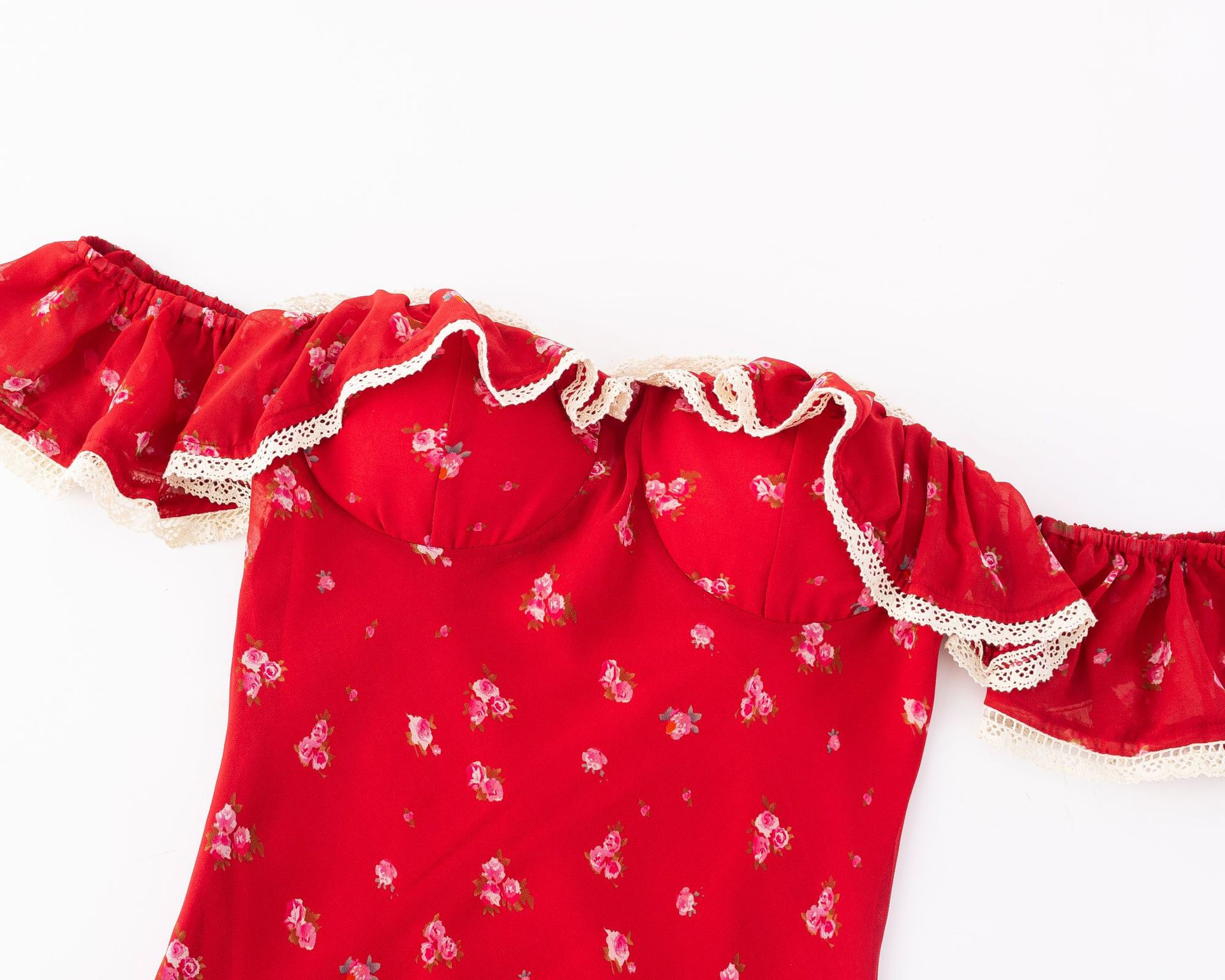 Asymmetric Sleeveless Scarlet Botanical Scalloped Trim Dress