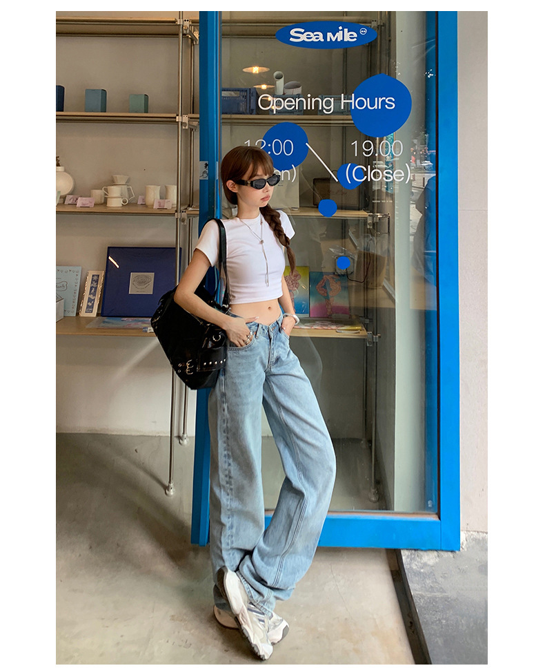 Washed Blue V-neck Waist Straight Leg Jeans Women Loose Slimming High-waisted Versatile Drape Floor-length Pants