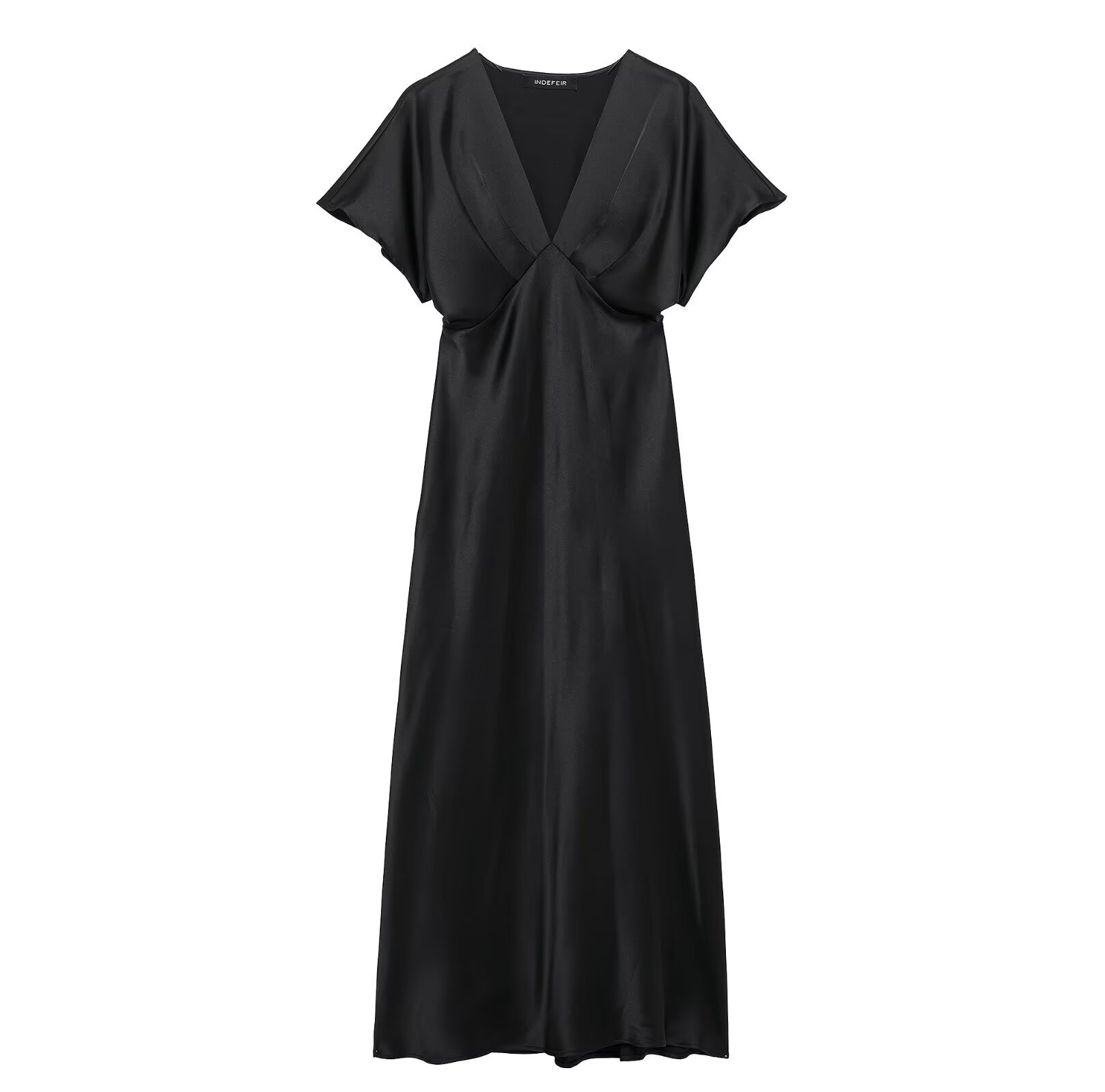 V-neck short sleeved waist cinched silk texture long dress for women