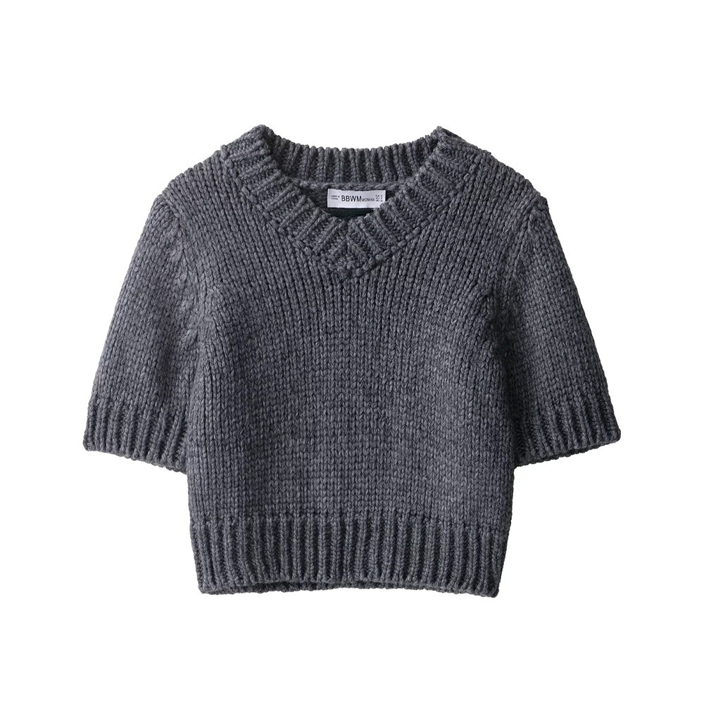 Crew Elbow-Length Solid Charcoal Polyester Sweater