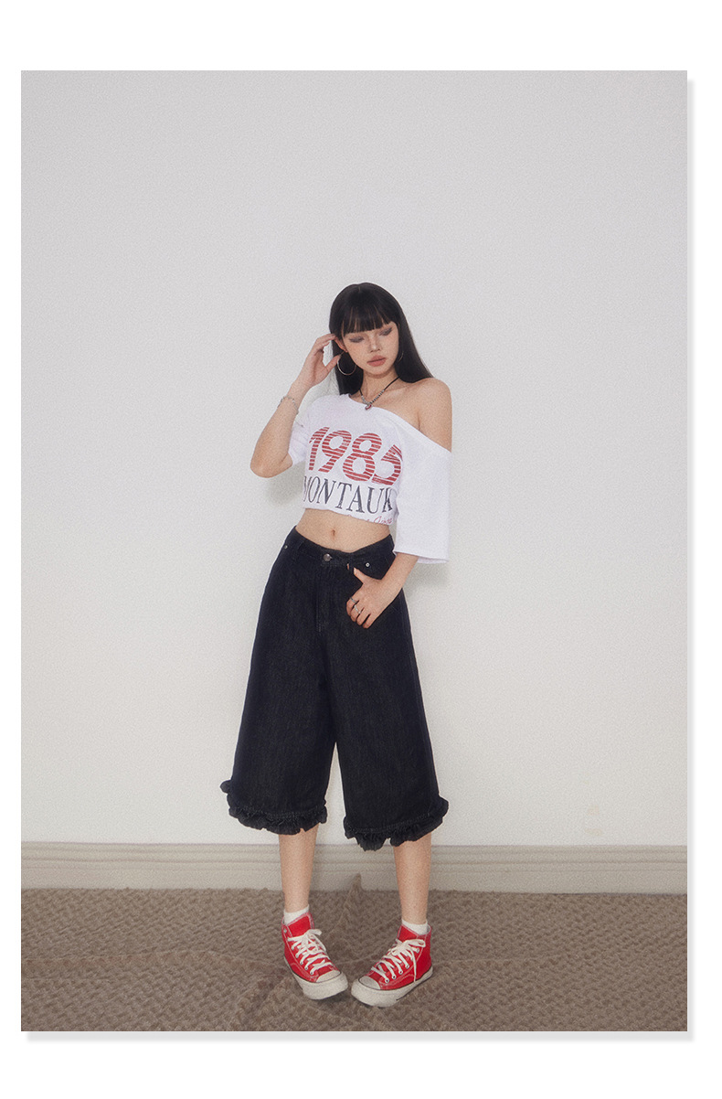 Women's Loose Trousers Straight Denim Pants with Lace Hem Casual Wide Leg Pants