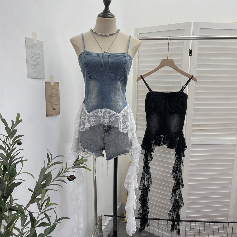 Slim Asymmetric Faded Jean Lacy Panel Fringed Bandeau