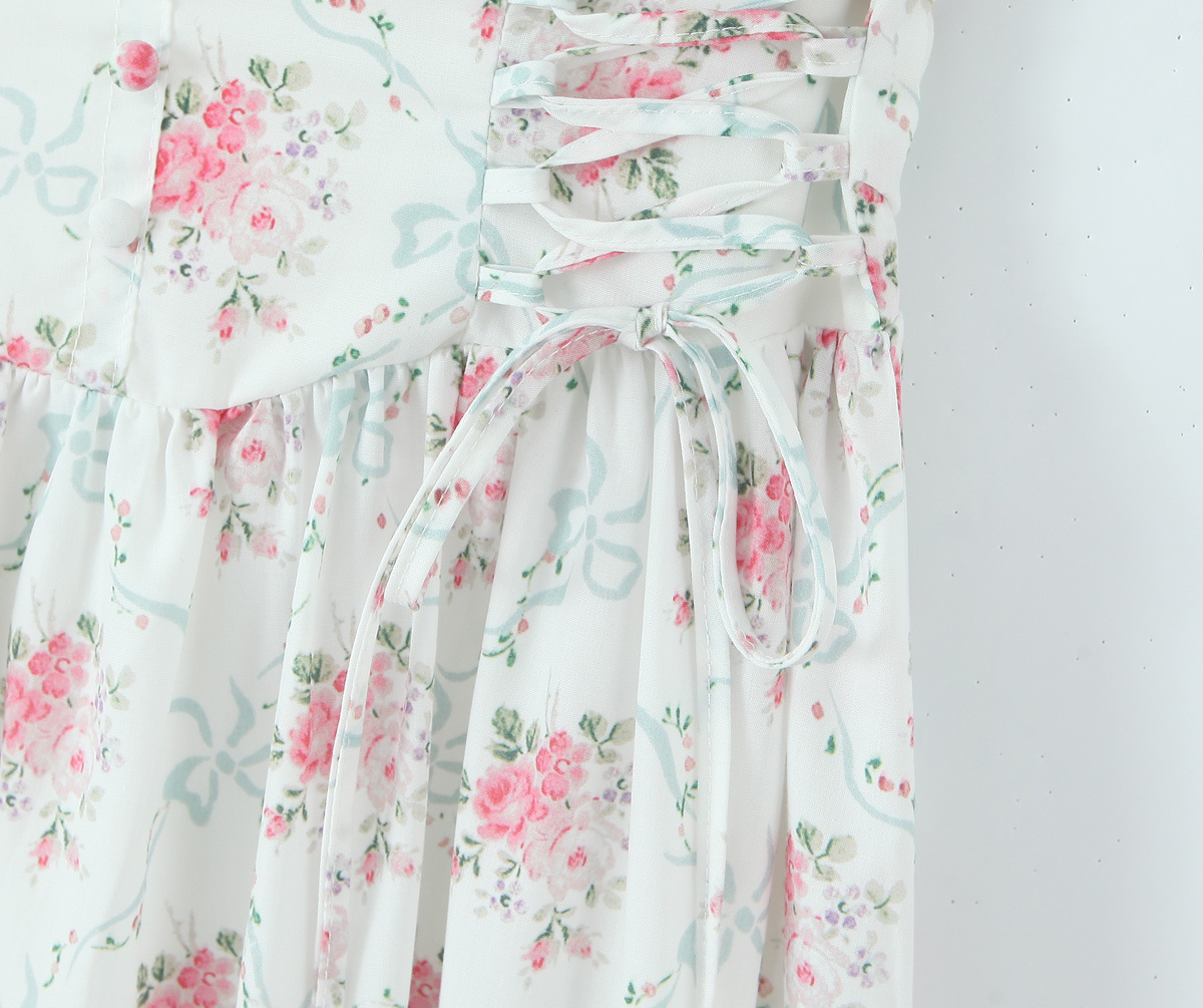 Sleeveless Botanical Print Midi Dress With Ribbon Tie