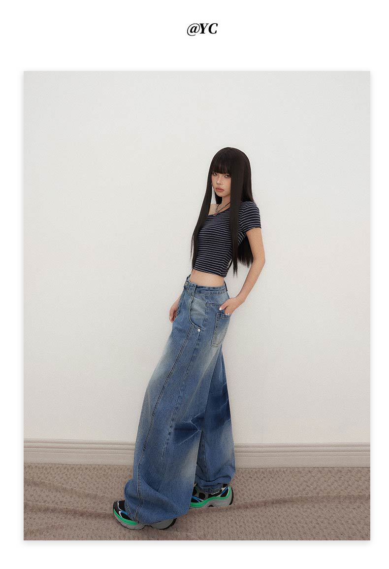 Deconstructed Knife-Edge Denim Pants for Women High-Waisted Wide-Leg Pants