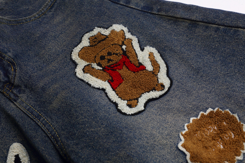 Vintage Cartoon Towel Embroidery Washed Knife-Edge Jeans Men Autumn Pendant Design Loose Wide-Leg Pants